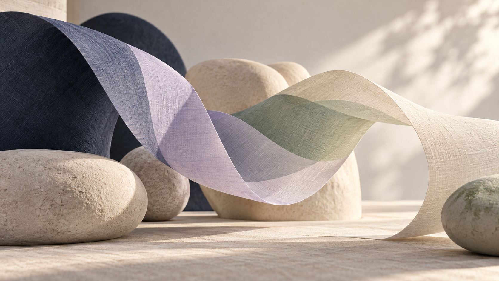 A continuous linen ribbon weaving gently between tactile sculptural forms